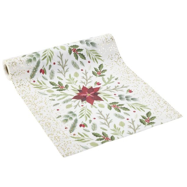 Chemin de table velours blanc et fleurs de Noël 300x28cm | GIFI