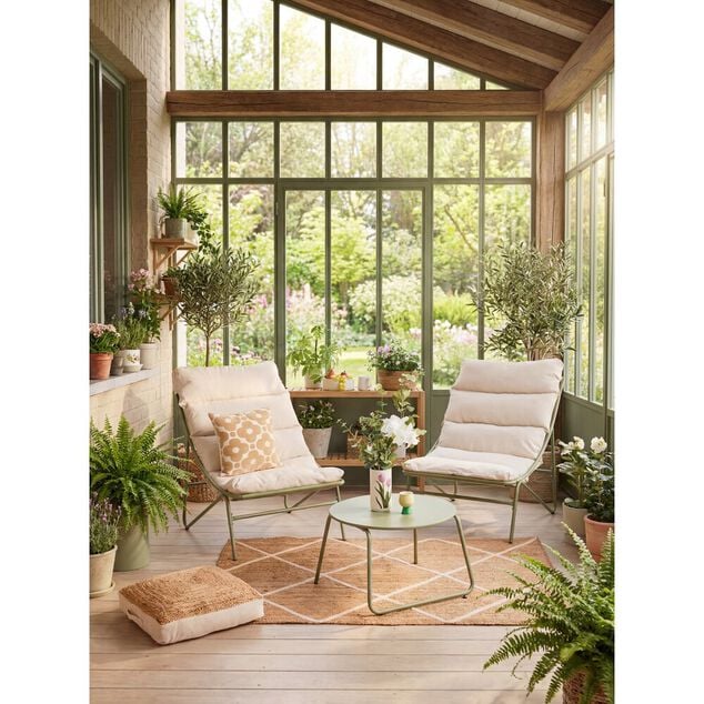 Ensemble salon de jardin 2 personnes Oslow m&eacute;tal vert sauge et coussins gris clair