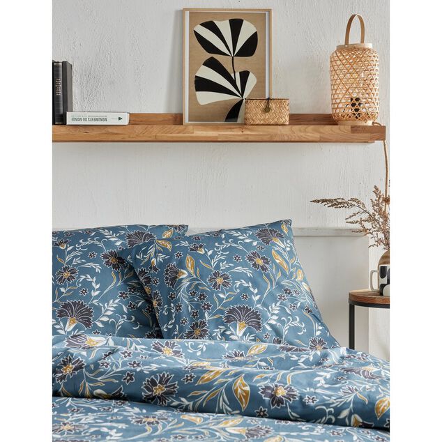 Parure de lit 2 personnes 220x240cm bleu canard motif floral