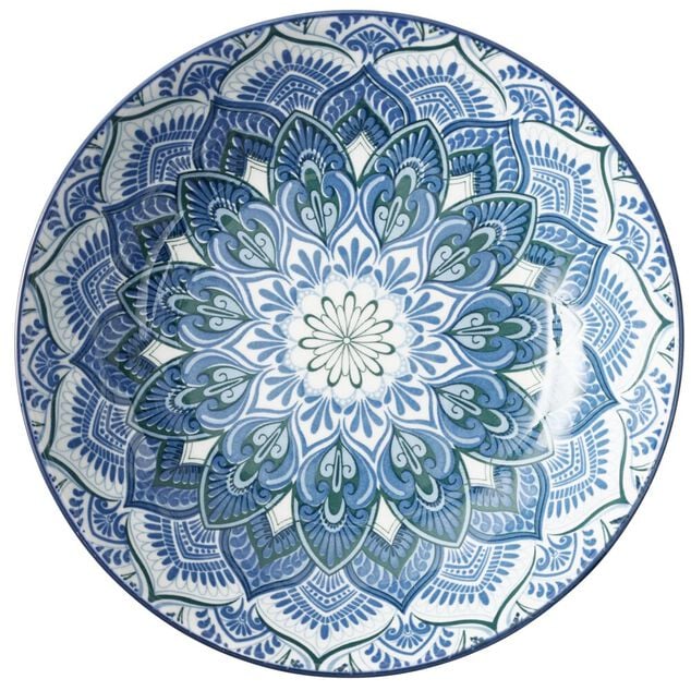 Service &agrave; vaisselle 12 pi&egrave;ces c&eacute;ramique opale motif mandala bleu et blanc