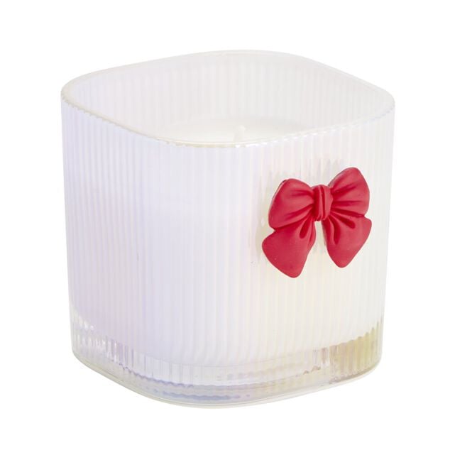Bougie pot en verre stri&eacute; avec noeud d&eacute;coratif 7x7xH6,5cm (2 mod&egrave;les blanc ou rose)