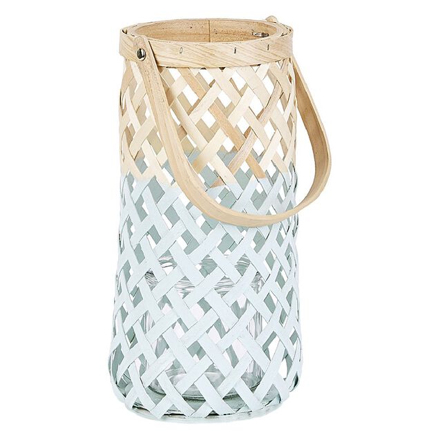 Lanterne avec anse en bois tress&eacute; bicolore