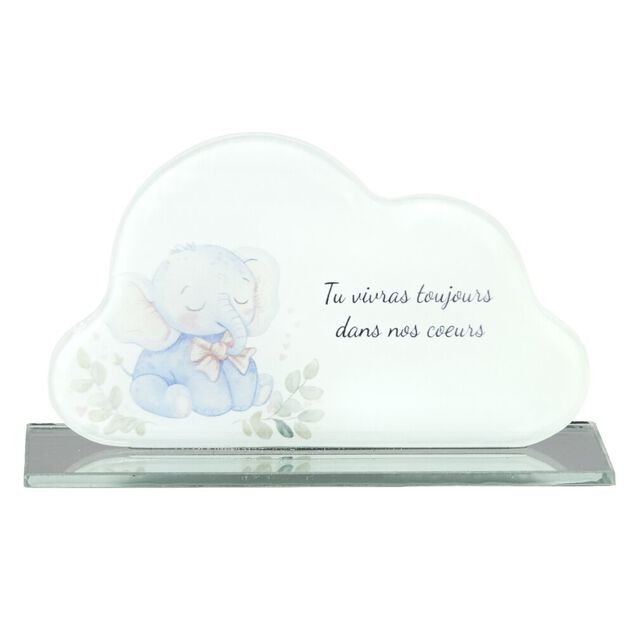 Plaque fun&eacute;raire inscription enfant &eacute;l&eacute;phant forme nuage verre bleu 16x3,5H9,5cm
