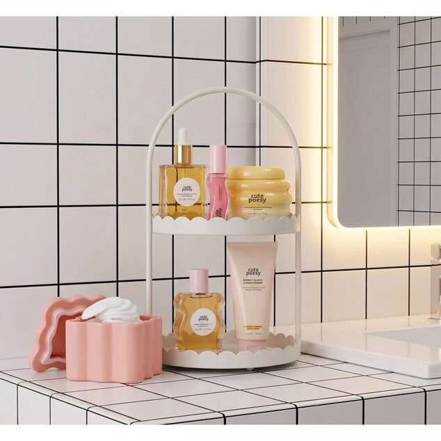 Serviteur salle de bain rond &agrave; poser 2 niveaux bord feston&eacute; m&eacute;tal &Oslash;20xH34,5cm (3 mod&egrave;les)