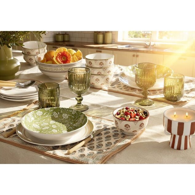 Service saladier porcelaine &Oslash;20cm avec 6 bols &Oslash;11,5cm motif Indie beige