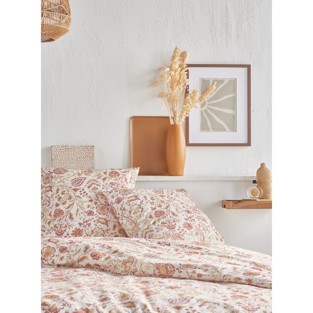 Parure de lit 2 personnes 220x240cm motif floral blanc et rose
