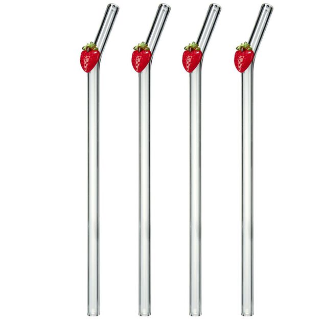 Pailles en verre transparent fantaisie fruit x4 avec goupillon (2 mod&egrave;les)