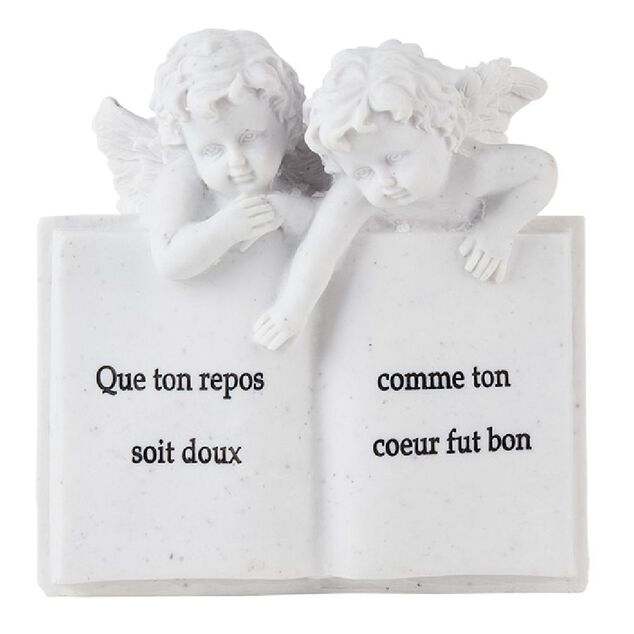 Plaque fun&eacute;raire livre + 2 anges r&eacute;sine blanc