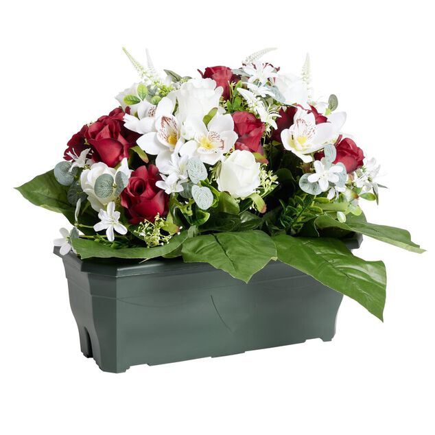 Composition florale artificielle rose orchid&eacute;e bruy&egrave;re rouge jardini&egrave;re H42cm