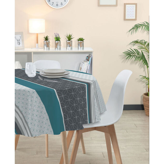 Nappe ronde toile cir&eacute;e motif carreau de ciment gris et bleu