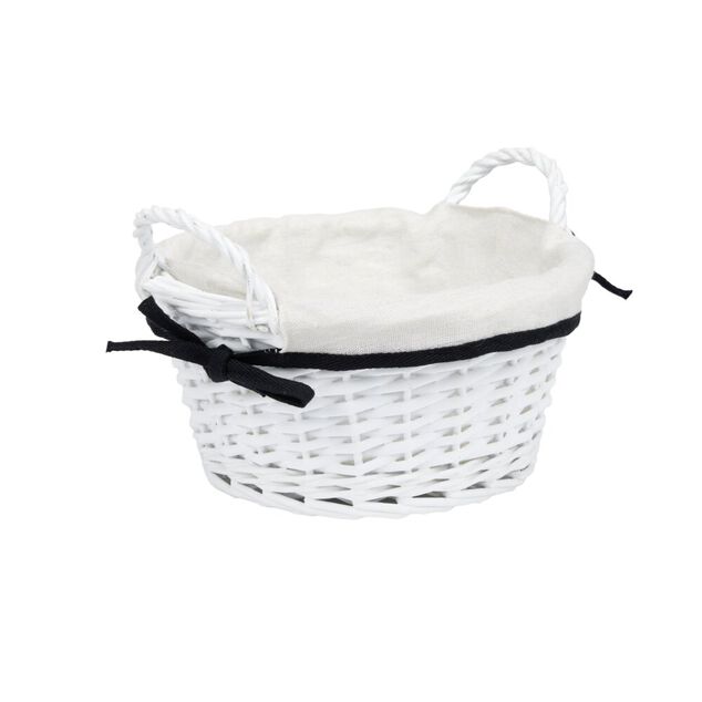 Pani&egrave;re ronde en bois tress&eacute; doublure tissu blanc noeud noir &Oslash;25xH12cm
