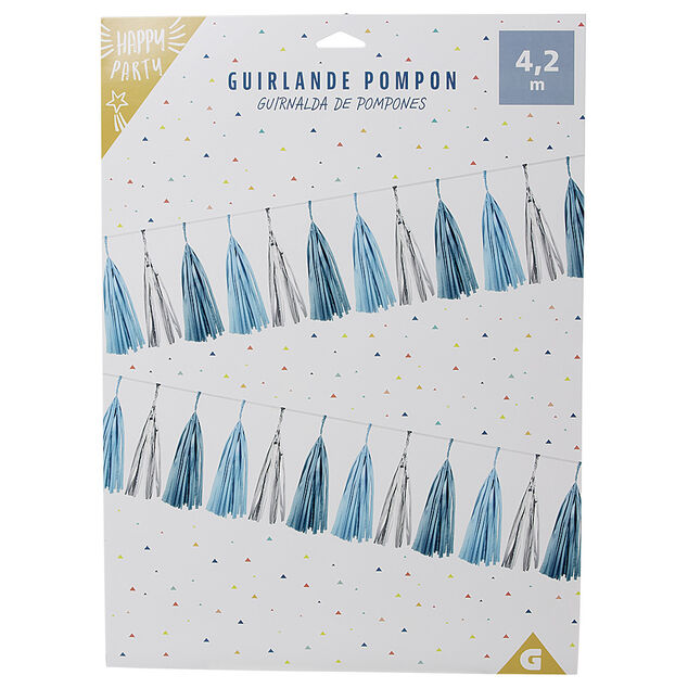 Guirlande pompon en papier bleu et blanc