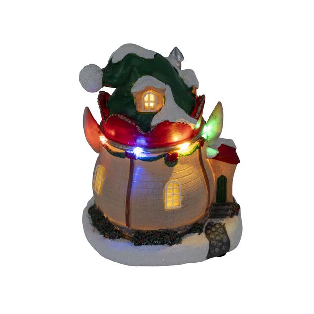 Maison de No&euml;l lumineuse forme lutin rouge et vert polyr&eacute;sine 11x10xH14cm