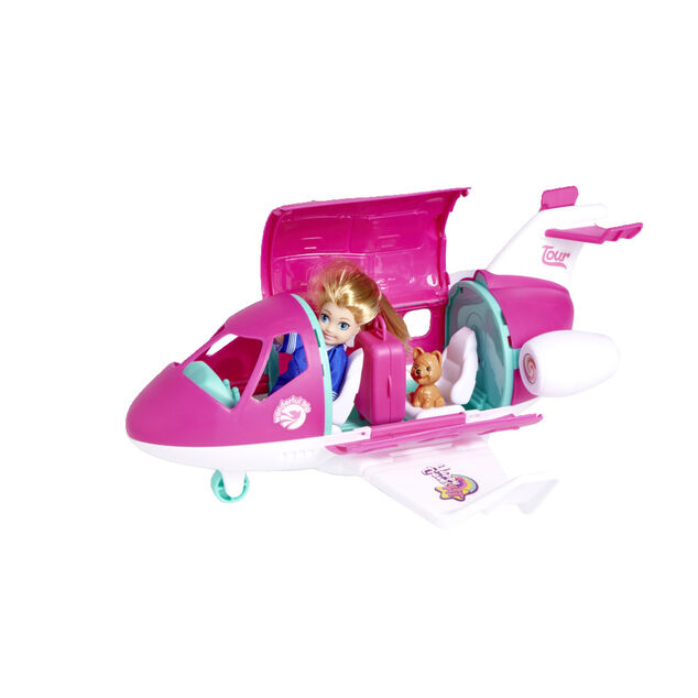 Jouet avion rose avec poup&eacute;e et accessoires