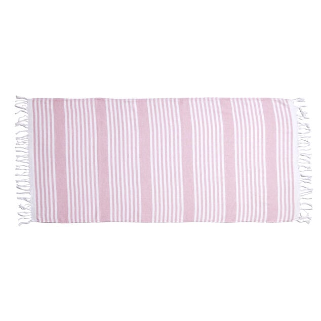 Fouta 100% coton ray&eacute;e rose et blanc 152x71cm