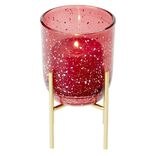 Bougeoir en verre rouge sur pied en m&eacute;tal dor&eacute;