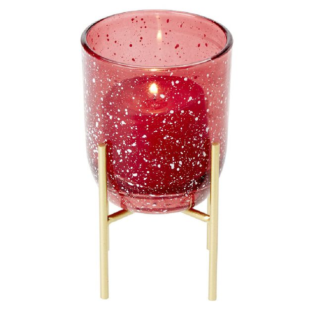 Bougeoir en verre rouge sur pied en m&eacute;tal dor&eacute;