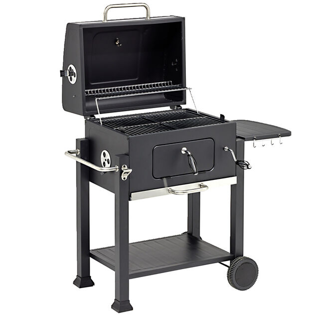 Barbecue &agrave; charbon Wilson rectangulaire avec couvercle 2 roulettes 114x72H108cm