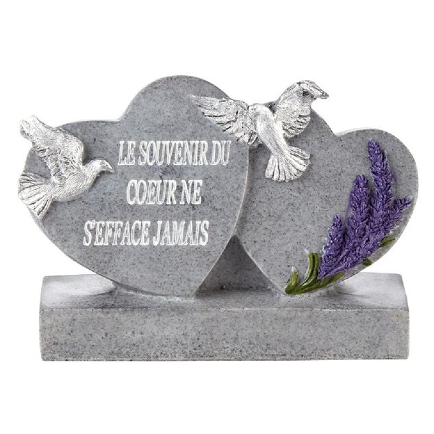 Coeur funéraire x2 sur socle gris motif lavande
