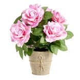 Pot de roses artificielles couleur rose 6 t&ecirc;tes H33cm