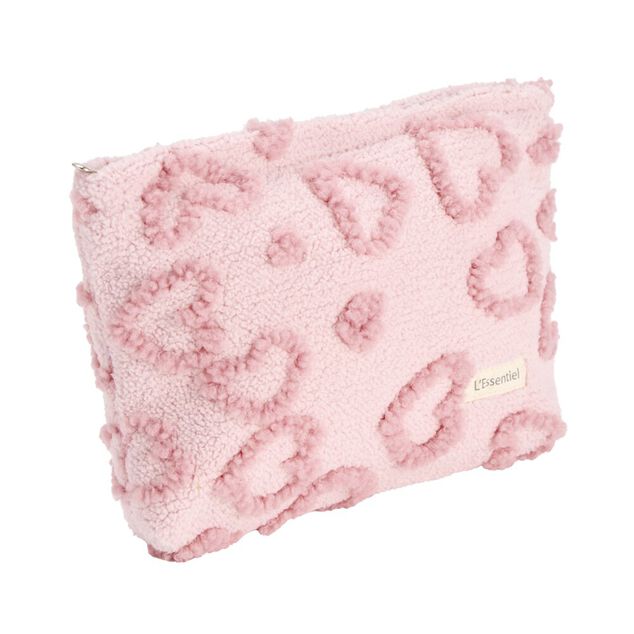 Trousse cosm&eacute;tique sherpa polycoton relief coeur rose 26x19cm