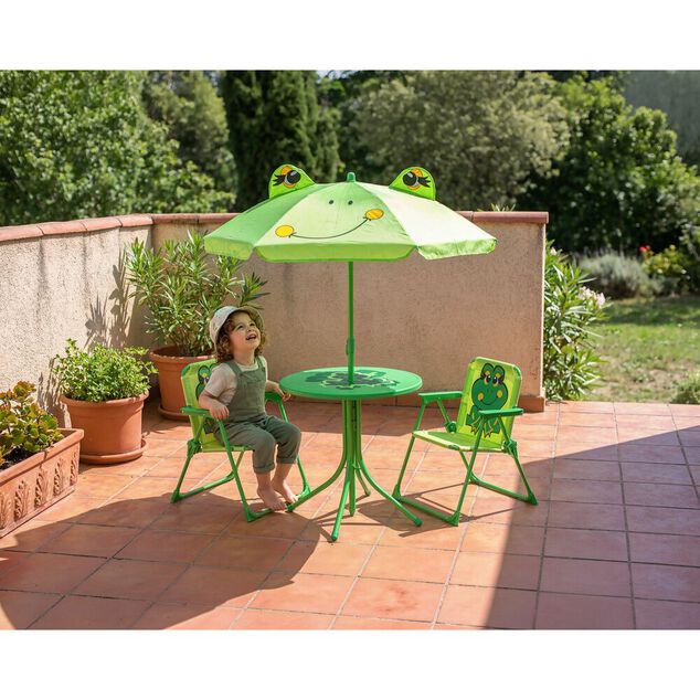 Salon de jardin enfant grenouille chaises table et parasol vert