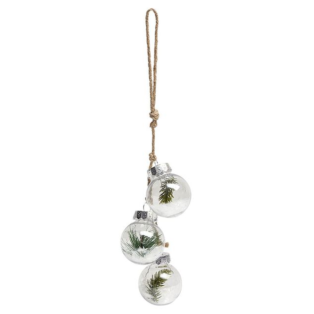 Suspension de No&euml;l guirlande en corde avec trois boules enneig&eacute;es