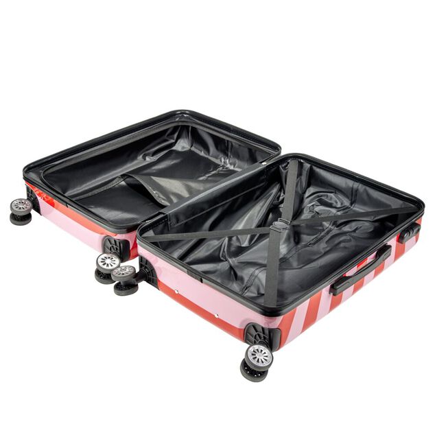 Valise cabine 63L trolley 4 roulettes bayad&egrave;re rayures rouges et roses 45x26xH66,5cm