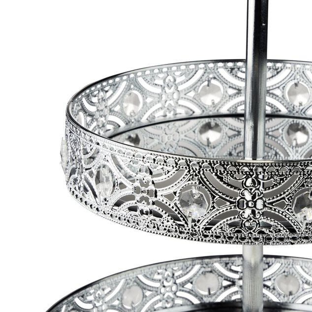 Plateau 3 niveaux arabesque m&eacute;tal argent&eacute; &Oslash;25xH46,5cm