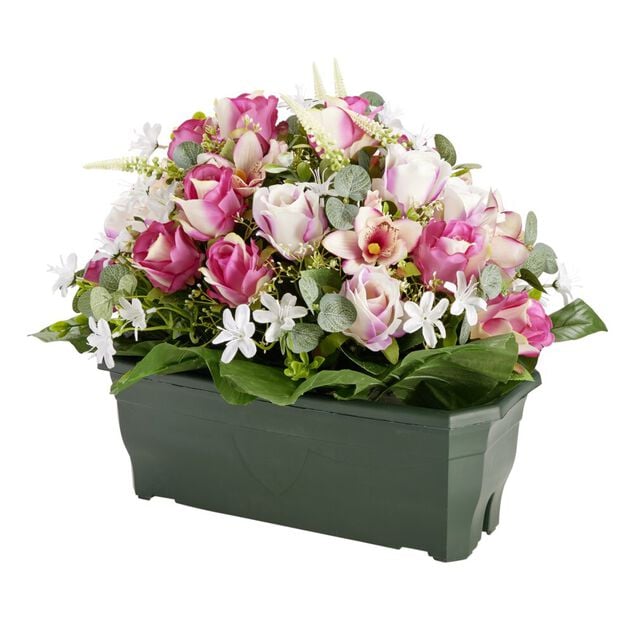 Composition florale artificielle rose orchid&eacute;e bruy&egrave;re jardini&egrave;re L50xH42cm