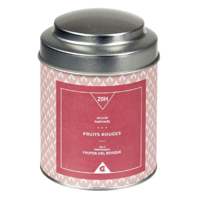 Bougie parfum&eacute;e dans pot en m&eacute;tal senteur fruits rouges 20H