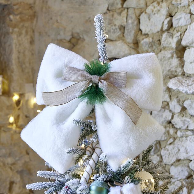 Noeud décoratif Noël XL toucher peluche blanc avec décor vert et marron 40x40cm