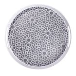 Plateau rond m&eacute;lamin&eacute; motif g&eacute;om&eacute;trique blanc et bleu &Oslash;34,5xH5cm