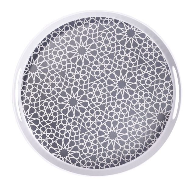 Plateau rond m&eacute;lamin&eacute; motif g&eacute;om&eacute;trique blanc et bleu &Oslash;34,5xH5cm