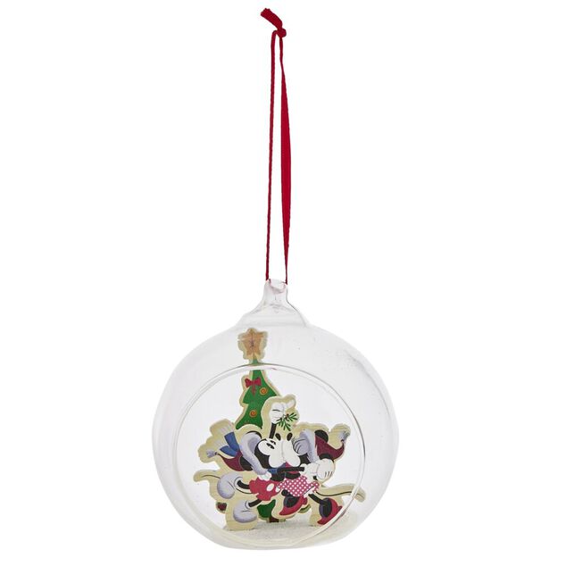 Boule de No&euml;l Disney Mickey Minnie en verre et bois &Oslash;8cm