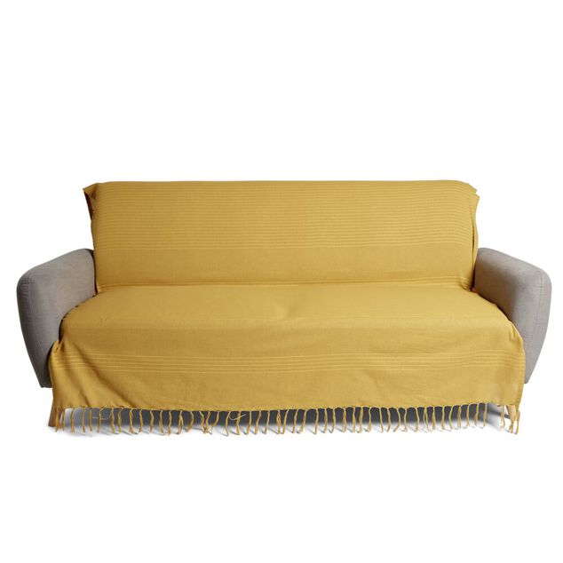 Jet&eacute; de canap&eacute; 170x250cm &agrave; franges 100% coton jaune