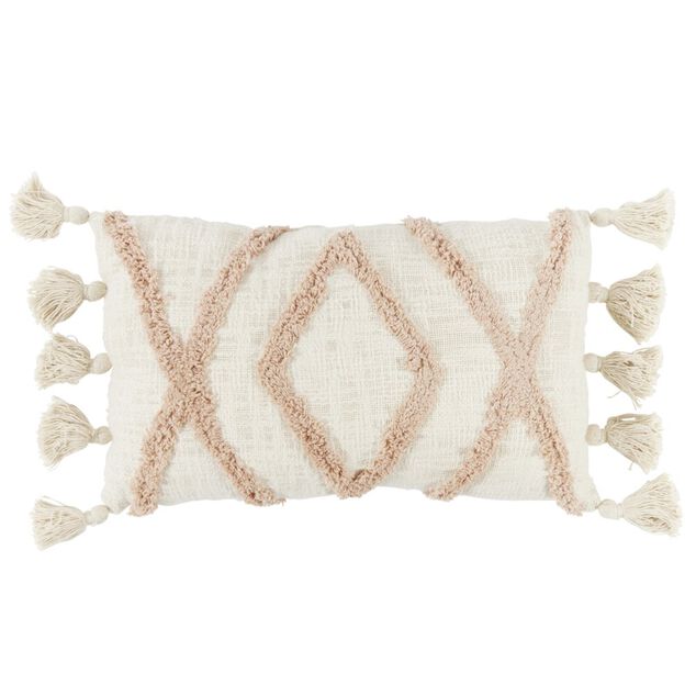 Coussin d&eacute;co pompon ethnique 30x50cm beige