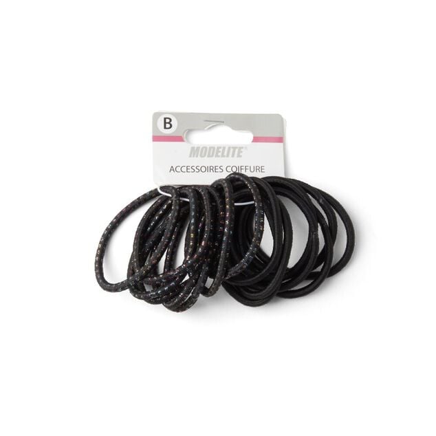 Lot de 15 &eacute;lastiques &agrave; cheveux polyester noir et fil m&eacute;tallique multicolore