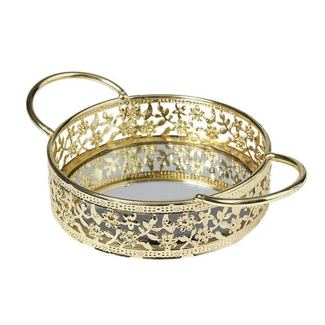 Plateau d&eacute;co dor&eacute;e fond en verre avec poign&eacute;es