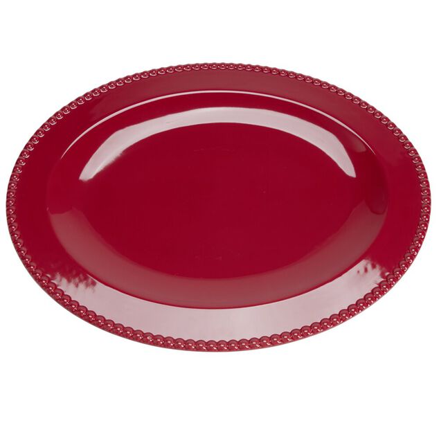 Plat de service No&euml;l ovale c&eacute;ramique rouge 35x45cm
