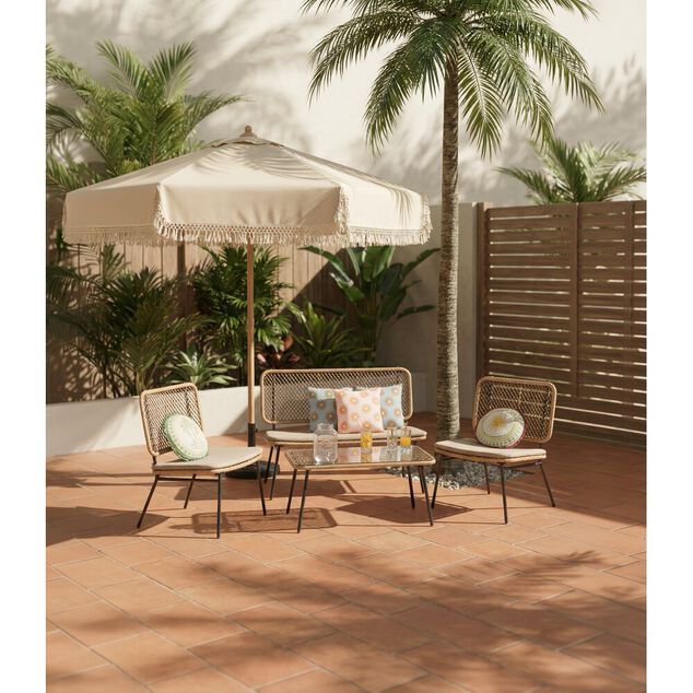 Parasol rond Bali &agrave; franges style macram&eacute; beige &Oslash;200xH225cm