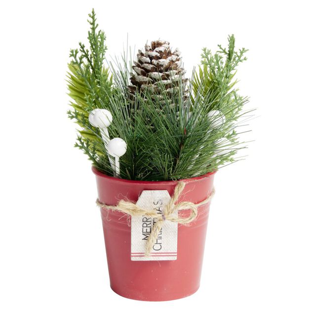 D&eacute;coration branche de pin dans pot rouge &Oslash;8xH10cm