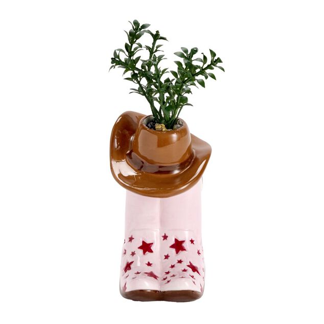Plante verte artificielle dans pot c&eacute;ramique forme botte cowboy 9x6xH17cm