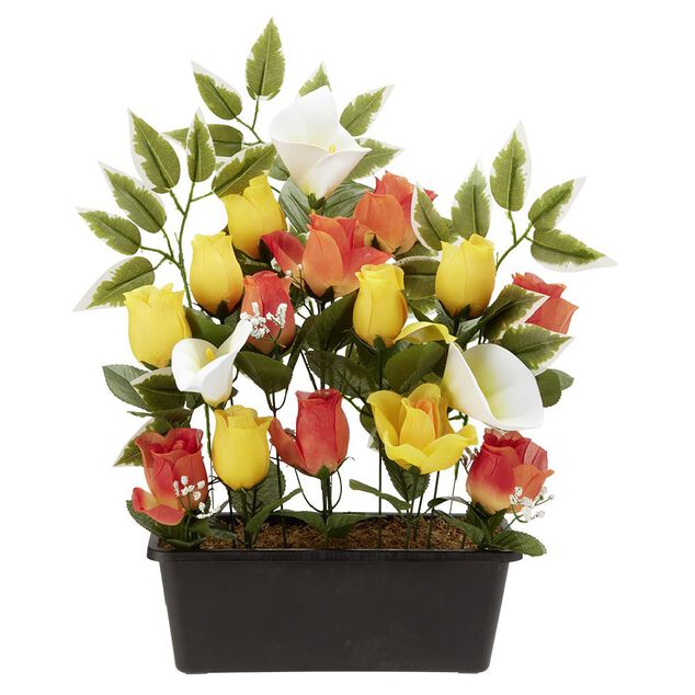 Jardini&egrave;re rose+arum 20 t&ecirc;tes orange jaune