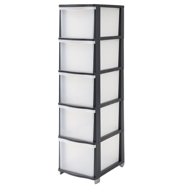 Colonne rangement 5 tiroirs A4 13,5L plastique noir et transparent L27xP37xH102,5cm