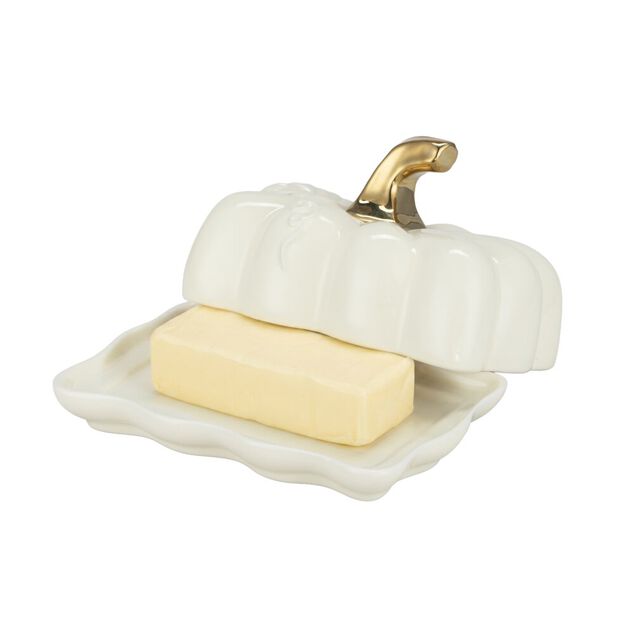 Beurrier c&eacute;ramique forme citrouille blanc et dor&eacute; 15x8xH10cm