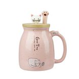 Tasse céramique motif chat kawaii avec couvercle bois et cuillère (3 modèles)