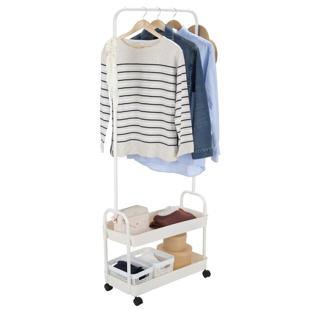 Portant v&ecirc;tements &agrave; roulettes avec 2 tablettes acier blanc 63x29xH163cm