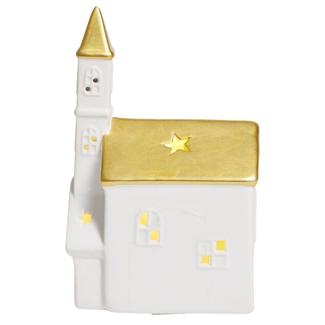 &Eacute;glise lumineuse d&eacute;co No&euml;l 1LED c&eacute;ramique blanc et dor&eacute; H19cm