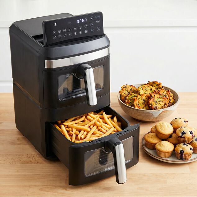 Friteuse &agrave; air chaud 2 bacs de 6,5L Homday &eacute;cran LED rabattable noire 2800W